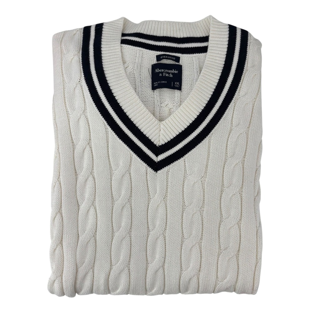 Abercrombie & Fitch Sweater Vest Women XXL Cream‎ Tennis Prep Cable Knit